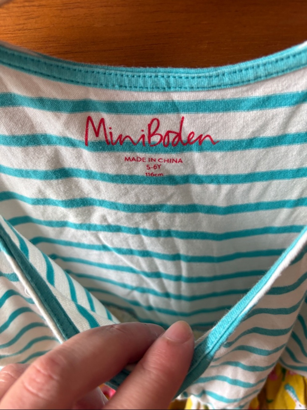 Mini Boden Turquoise & White Striped Girls Dress with Yellow Print Skirt - Picture 2 of 4